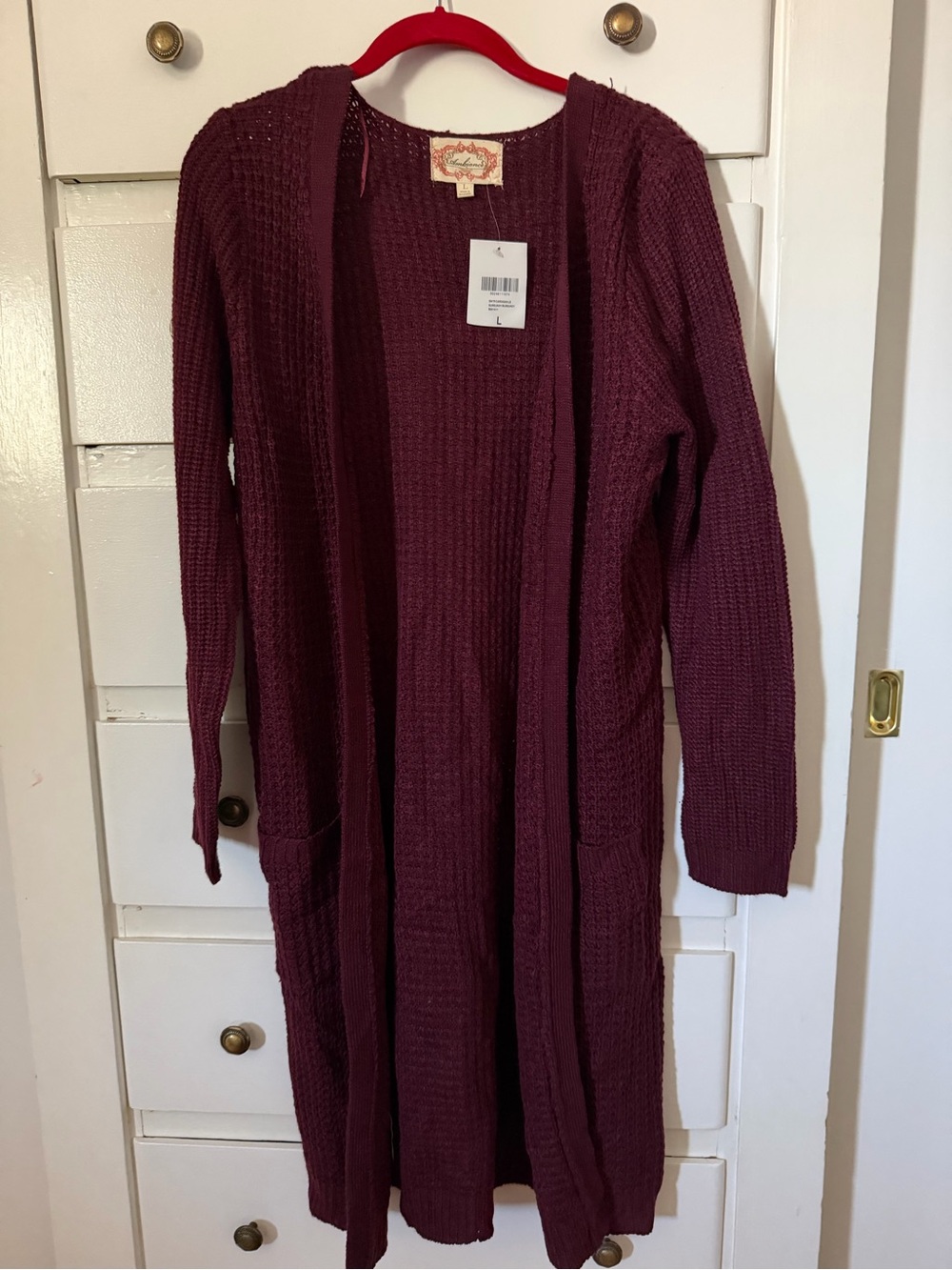 Ambiance Long Open-Front Waffle Knit Cardigan - Burgundy size L